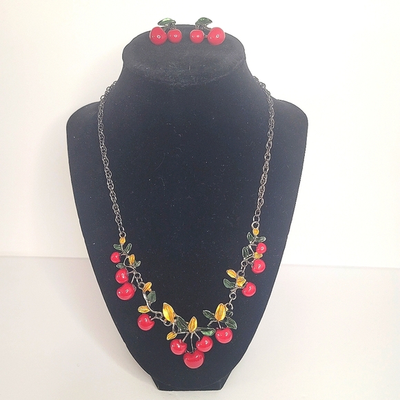 Cherry Bomb necklace earring set enamel pinup rockabilly retro - Picture 6 of 8